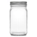 Clear glass mason jar with a silver metal lid on a white background