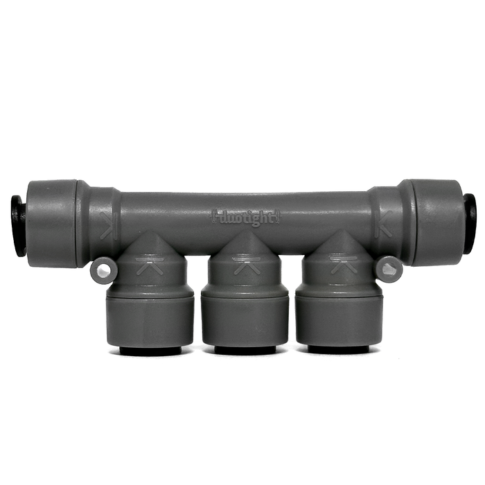 Gray plastic plumbing fitting with multiple outlets on a white background