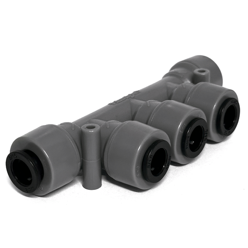 Gray plastic push in plumbing fitting with 5 outlets on a white background