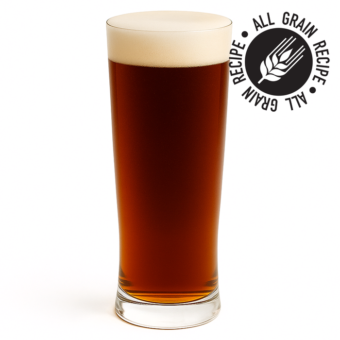Glass of dark beer with 'All Grain Recipe' logo on a white background