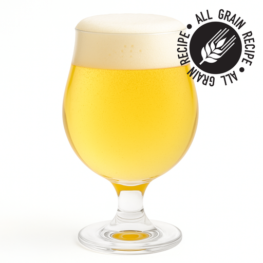 Glass of light carbonated beer in a Belgian beer glass  with a 'All Grain Recipe' logo on a white background