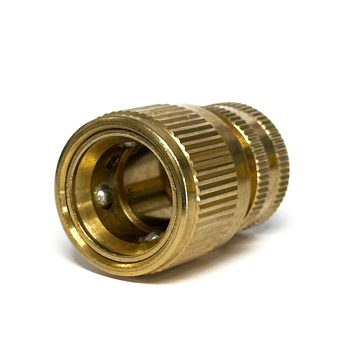 Brass garden hose fitting on a white background