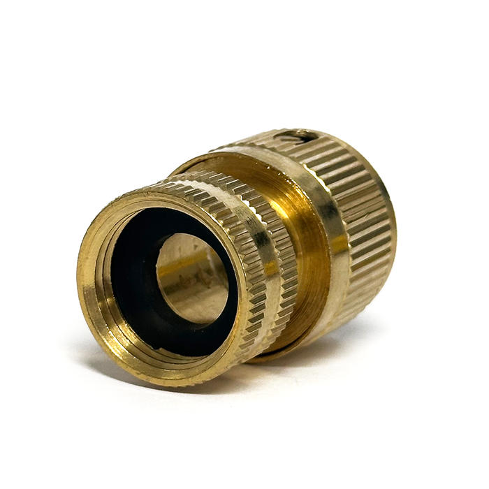 Brass garden hose fitting with 1/2" thread on a white background