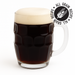 Glass mug of dark stout beer with a white foam head on a white background, featuring 'All Grain Recipe' logo.