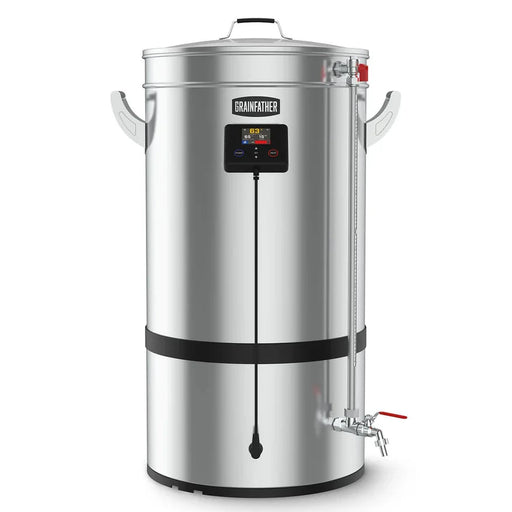 Stainless steel brewing system  with digital display on a white background