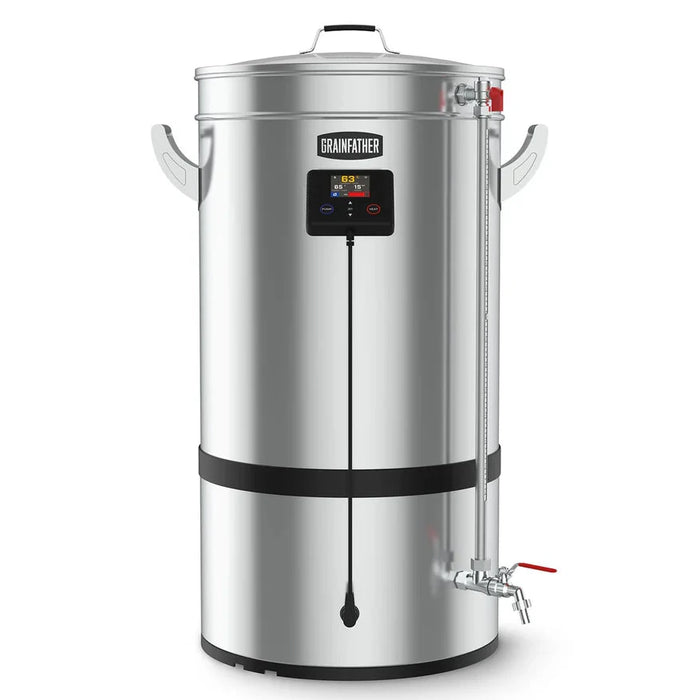 Stainless steel brewing system  with digital display on a white background