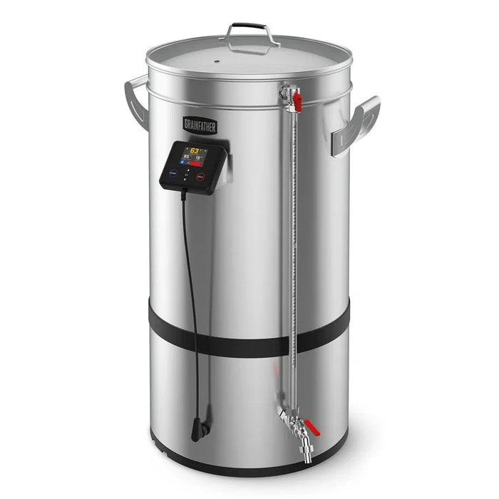 Stainless steel brewing vessel with digital displayand sight glass on a white background