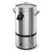 Stainless steel brewing vessel with digital displayand sight glass on a white background