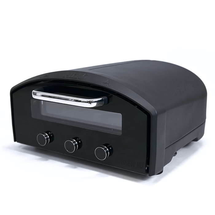 Black outdoor pizza oven with a silver handle on a white background