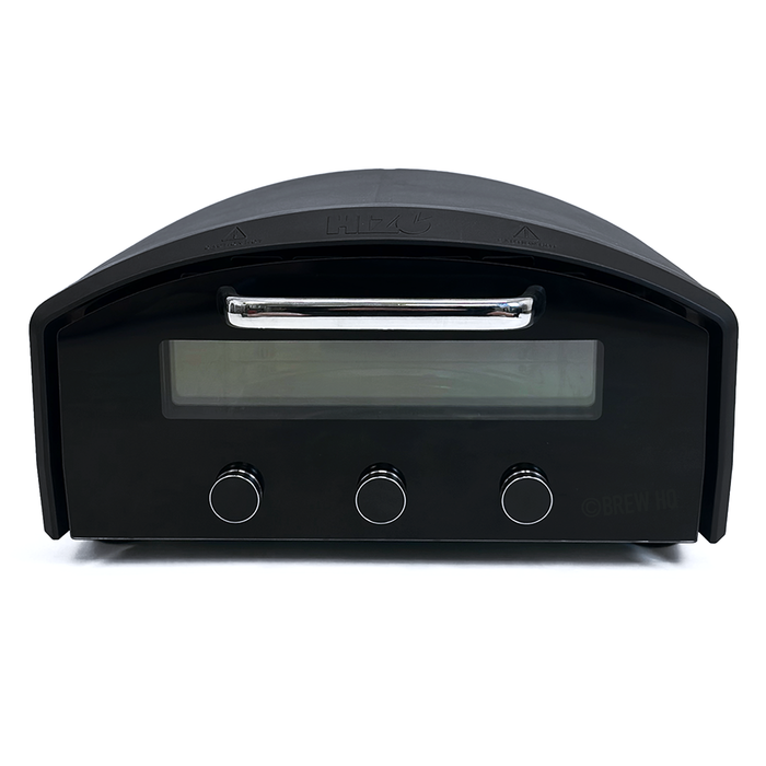 Black outdoor pizza oven with digital display and control knobs on a white background