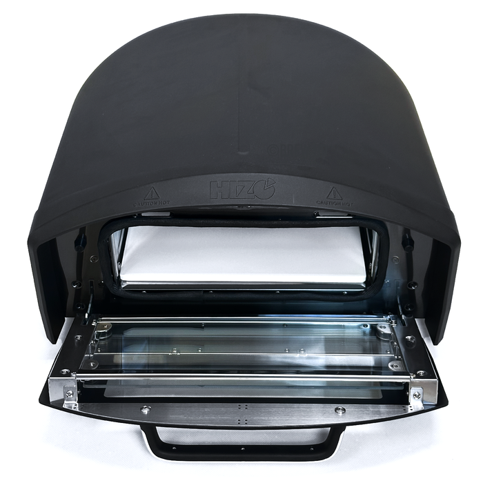 Black pizza oven with open door on a white background