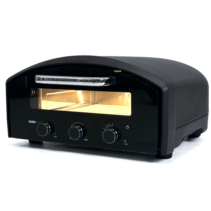 Black electric pizza oven with a glass door on a white background