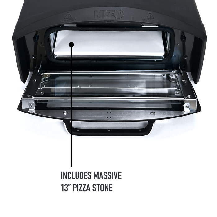 Black pizza oven with open door showing pizza stone inside on a white background