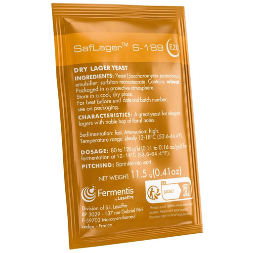 Orange packet of Saflager S-169 dry lager yeast on a white background
