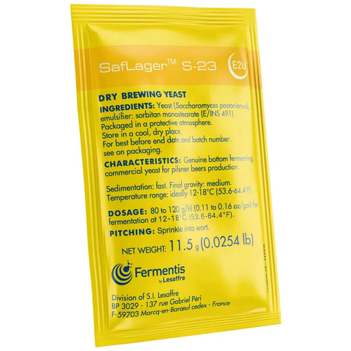 Yellow package of dry S-23 brewing yeast with text on a white background
