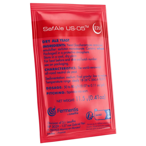 Red packet of SafAle US-05 dry ale yeast on a white background