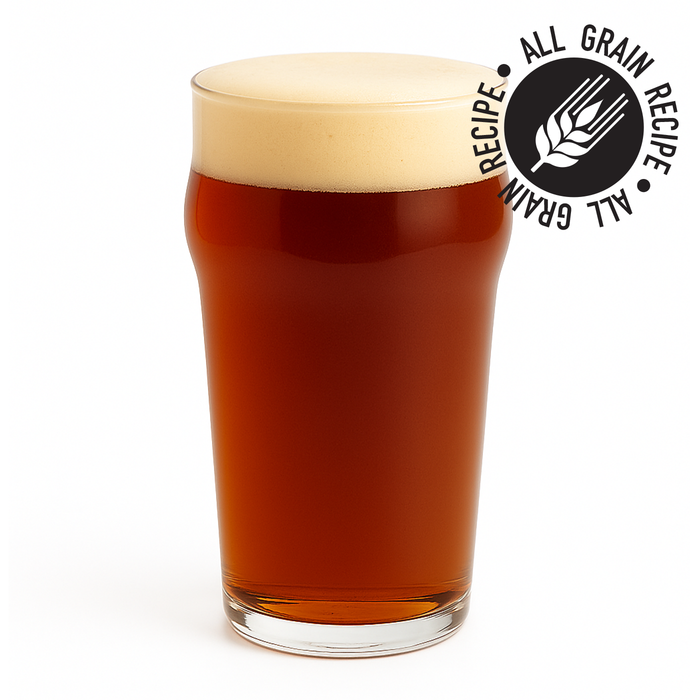 Glass of red beer with a head, featuring 'All Grain Recipe' logo on a white background