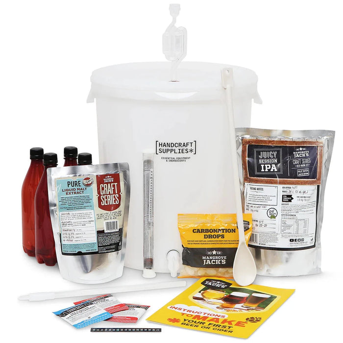 Home brewing starter kit with fermenter, bottles ingredients, spoon, hydrometer, sanitiser and cleaner