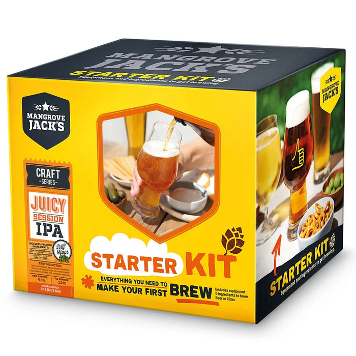 Mangrove Jacks beer brewing starter kit packaging on a white background