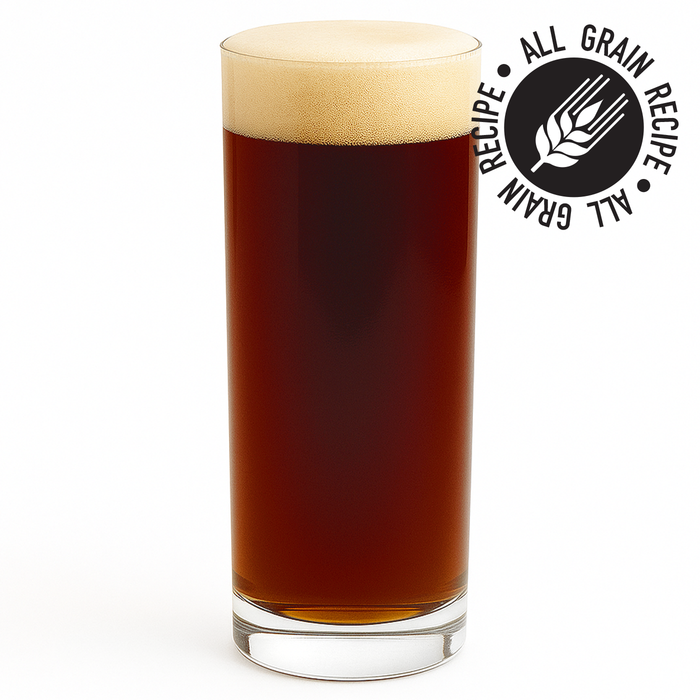 Glass of dark lager with a head of foam on a white background, featuring 'All Grain Recipe' logo.