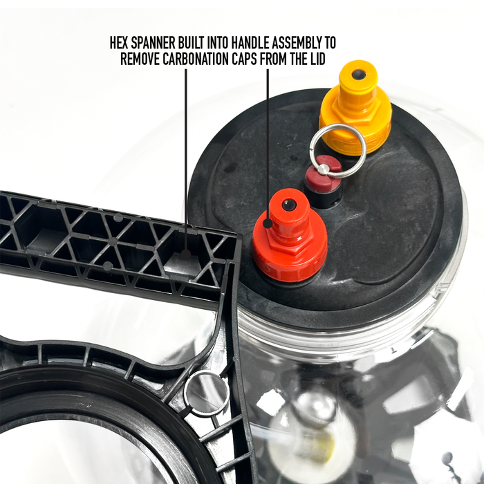 Close-up of a carbonation cap assembly with labeled features on a white background