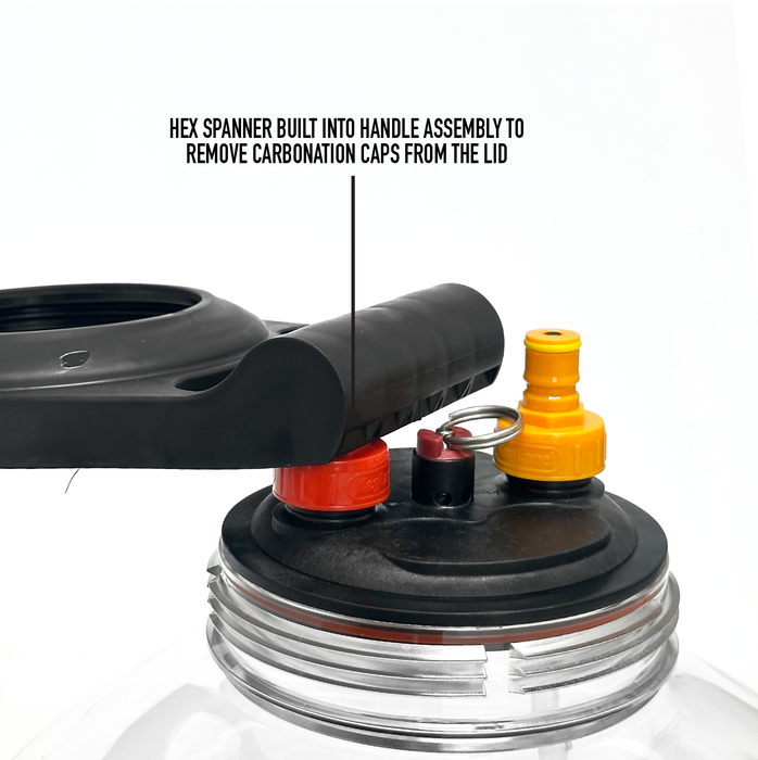Close up of a fermzilla handle taking off carbonation caps from the lid