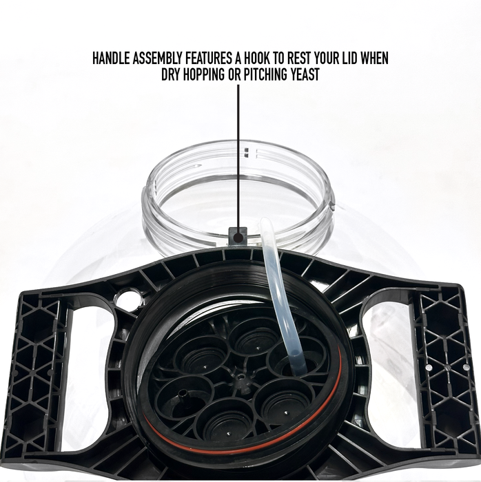 Brewing equipment component with a hook for resting a lid on a white background