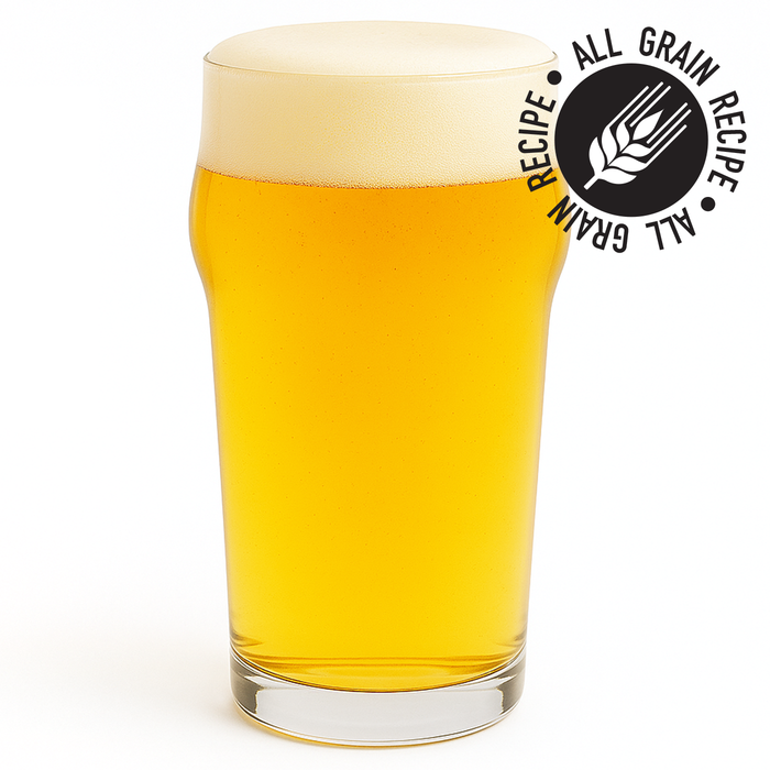 Glass of light hazy beer with a 'All Grain Recipe' logo on a white background
