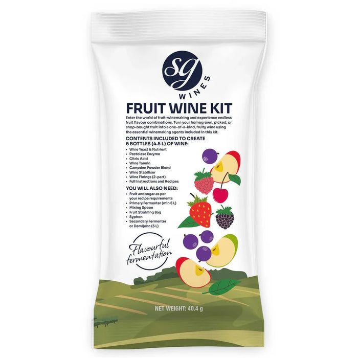 Fruit wine kit packaging with SG Wines branding on a white background
