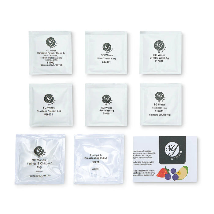Collection of SG Wines wine making ingredients (yeast, nutrient, pectinase, citric acid, tanning, stabiliser and clarifier) on a white background