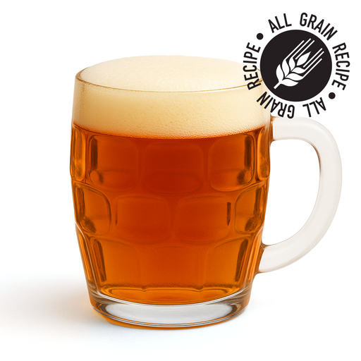 Glass dimple mug of amber lager beer with a 'All Grain Recipe' logo on a white background