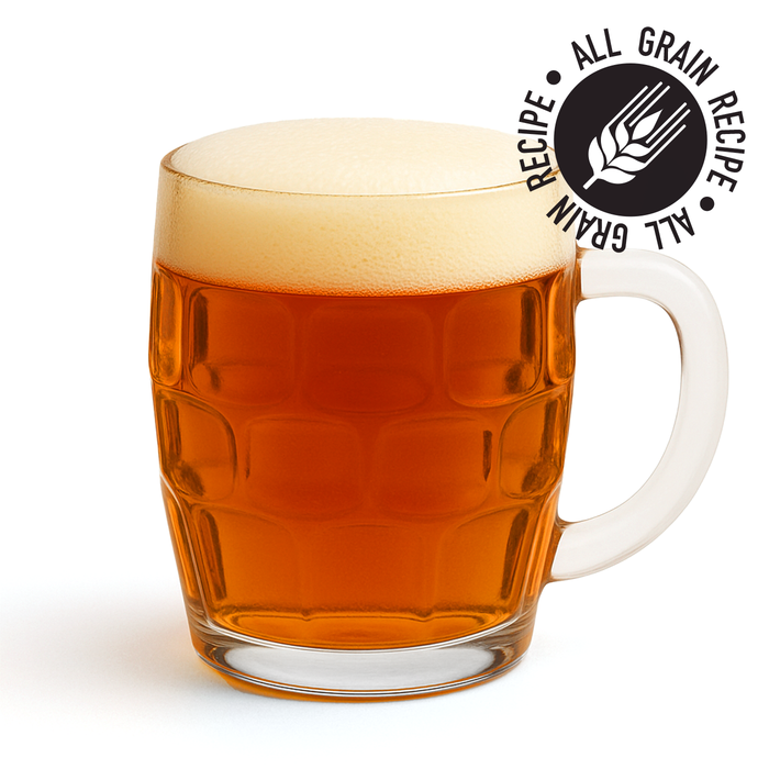 Glass dimple mug of amber lager beer with a 'All Grain Recipe' logo on a white background
