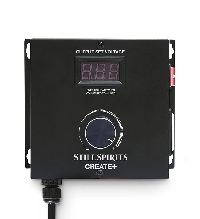 Black power controller unit with digital display and 'Still Spirits Create' branding on a white background
