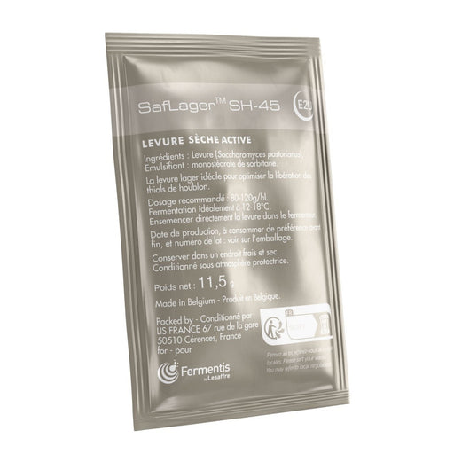 Silver package of SaLager SH-45 yeast on a white background